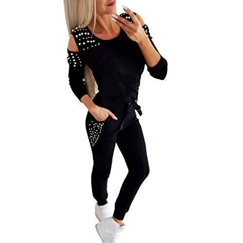 MEIbax Otoño e Invierno Moda Rebordear Sexy Hombro Sin Tirantes Slim Fit Conjuntos de Deporte Mujer Tops Bodis + Pantalones Señoras Mujer 2pcs Chándal Encapuchada Dama Ropa De Mujer (Negro, M)