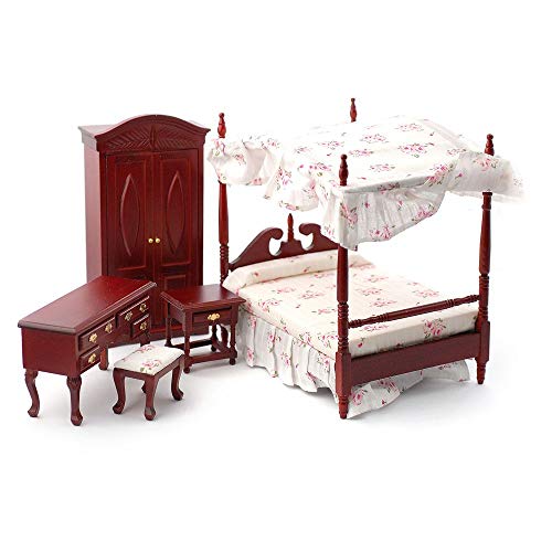 Melody Jane Dolls Houses Casa de Muñecas Caoba Victoriano Dormitorio Conjunto de Muebles con Pabellón 4 Póster Cama