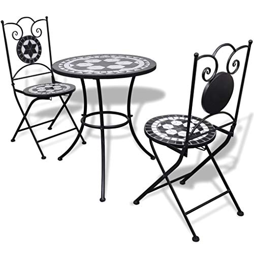 mewmewcat Conjunto de Mesa y 2 Sillas de Jardín con Mosaico Conjunto de Comedor de Jardín 3 Piezas para Jardín Terraza Patio Negro y Blanco