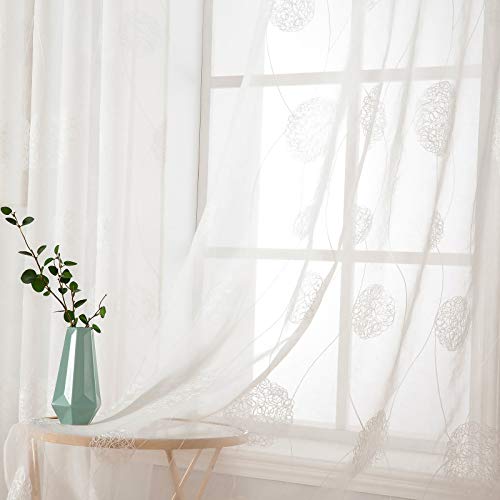 MIULEE 2 Piezas Cortinas Bordado Translucida de Dormitorio Moderno Ventana Visillos Rayas Salon Paneles con Ojales Plateados para Sala Cuarto Comedor Salon Cocina Habitación 140x175cm Hortensia Blanca