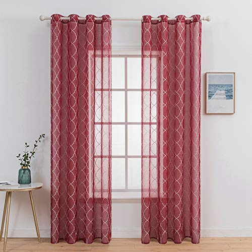 MIULEE 2 Piezas Cortinas Bordado Translucida para Dormitorio Moderno Ventana Visillos con 8 Anillas Dedoración para Salón Cuarto Comedor Sala Habitación Matrimonio 140x245cm Geometría Rojo