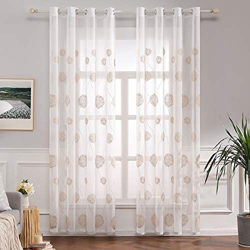 MIULEE 2 Piezas Cortinas Translucida de Habitación Visillo Bordado de Dormitorio Visillos Poliéster Moderno con 8 Ojales Plateados para Ventana Salon Cuarto Comedor Cocina 140x225cm Hortensia Dorado