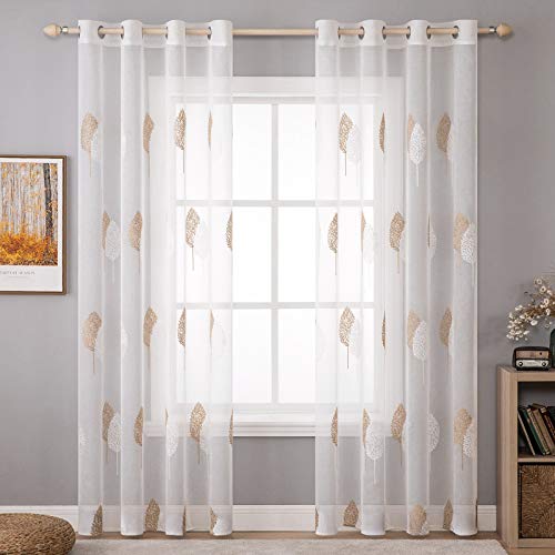 MIULEE 2 Piezas Cortinas Translucidas Visillos Bordados Poliéster con Hojas para Habitación Dormitorio Visillo con 8 Ollaos para Ventana Salon Comedor Cocina 140x215 cm Marrón