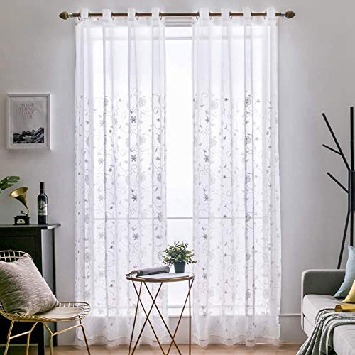 MIULEE 2 Unidades Cortinas Bordado Translucida de Dormitorio Moderno Ventana Visillos Rayas Salon Paneles con Ojales Plateados para Comedor Salon Cocina Habitación 140x245cm Flor Blanco