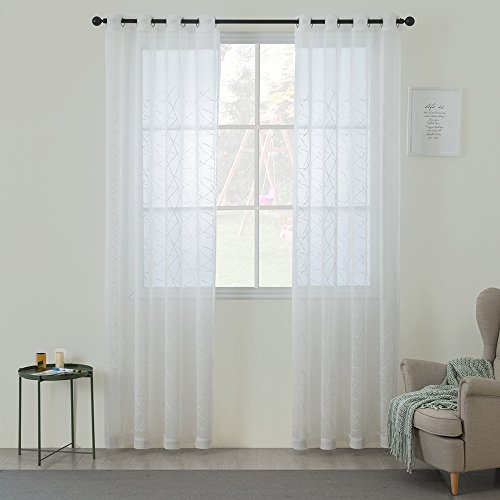 MIULEE 2 unidades Cortinas Bordado Translucida de Dormitorio Moderno Ventana Visillos Rayas Salon Paneles con Ojales Plateados para Sala Cuarto Comedor Salon Cocina Habitación 140x225cm Líneas Blancas