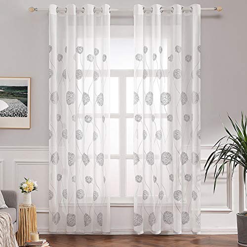 MIULEE 2 unidades Cortinas Bordado Translucida de Dormitorio Moderno Ventana Visillos Rayas Salon Paneles con Ojales Plateados para Sala Cuarto Comedor Salon Cocina Habitación 140x225cm Hortensia Gris