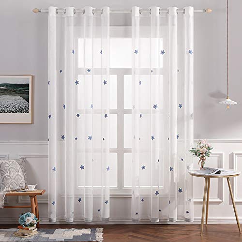 MIULEE Cortina Visillo Bordado Translucido de Dormitorio Infantil Juvenil Dos Paneles con Ojales Plateados para Sala de Estar Cuarto de Niño Comedor Habitación Patrón de Estrella 140x145cm Azúl