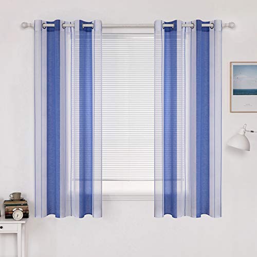 MIULEE Cortinas Translucida de Moderno Ventana Visillos Rayas Salon Paneles con Ojales para Sala Cuarto Comedor Salon Cocina Habitación 140 x 145 cm, 2 Unidades Blanco+Azúl