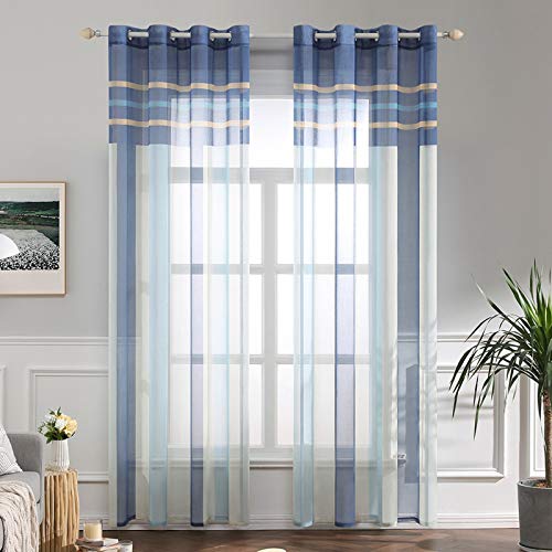 MIULEE Cortinas Translucida de Moderno Ventana Visillos Rayas Salon Paneles con Ojales para Sala Cuarto Comedor Salon Cocina Habitación 140 x 175 cm, 2 Unidades Azul y Azul Claro