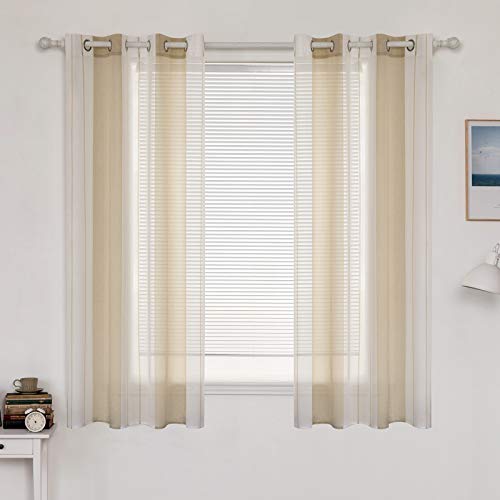 MIULEE Cortinas Translucida de Moderno Ventana Visillos Rayas Salon Paneles con Ojales para Sala Cuarto Comedor Salon Cocina Habitación 140 x 175 cm, 2 Unidades Blanco+Beige