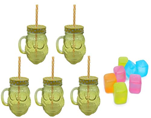 ML Pack de 5 Vasos de Cristal con Forma de Buho 500ml con Cierre de Rosca y Pajita de plástico + Regalo 6 Cubitera Reutilizable, plástico, Multicolor de 3cm -Amarillo