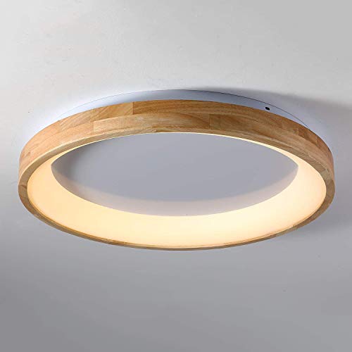 Modern Plafón Madera LED Redonda, 36W Ultradelgado Nordic Luz Dormitorio, Decorativa Diseño Techo de Iluminación Salón, Pantalla de Acrílico, 230V, Regulable con Mando a Distancia, 2880LM, Ø57CM