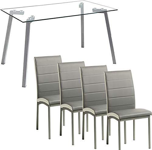 MOMMA HOME Conjunto de Mesa y 4 Sillas de Comedor Gris - Mesa de Cristal Templado Alma - Silla con tapizado de ecopiel Gris Camelia - Conjunto de Comedor