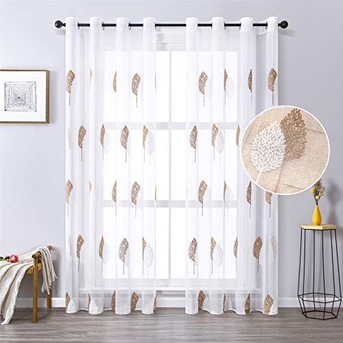 MRTREES Cortinas Translucida Bordado Hojas con Ojales de Dormitorio Moderno Ventana Visillos Salon Paneles para Ventanas Sala para Niños Sala Comedor Baño 2 Piezas 140×245cm(An×L) Marrón