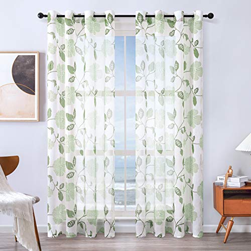 MRTREES Cortinas Visillo Efecto Lino Voile de Dormitorio Translúcida Moderna de Hojas con Hebilla para Ventanas Sala de Niños Sala Comedor Baño 2 Piezas 140×245cm(An×L) Flores Verde Militar