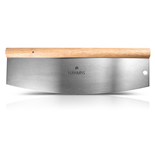 Navaris cortador de pizza de acero inoxidable - Tajadera de 35CM para pizza con mango de madera y protector - Cuchillo rebanador para verduras frutas