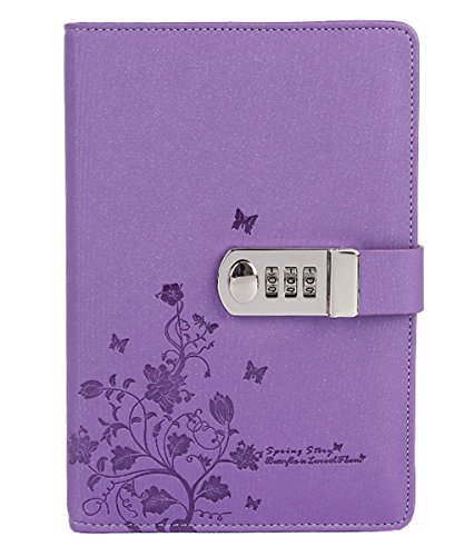 NectaRoy Cuaderno de Cuero PU Planificado Organizador con Cerradura de Combinación, Mariposa y Patrón de Flor Diario Bloc de Notas Contraseña Cuaderno con Soporte para Bolígrafo, A5 Tamaño 209x150mm