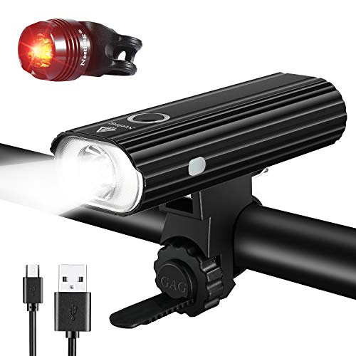 Nestling®Luz Bicicleta, Luces Bicicleta Recargable USB, Lámpara Bicicleta LED Impermeable, 800 Lúmenes Súper Potente, 5 Modos Iluminación, Luces Bicicleta Delantera y Trasera Kit