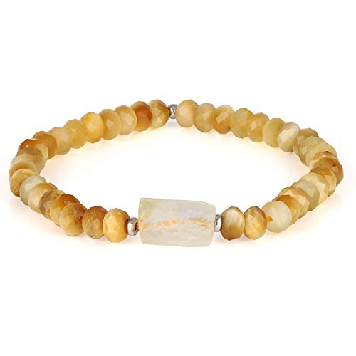 Nirvanain Rondelle facetado de Ojo de Tigre Amarillo Natural y Cuentas de Cubo de Citrino Real Pulsera elástica con Bola de Plata de Ley 925, Regalo de joyería de Piedras Preciosas de Moda para Ella