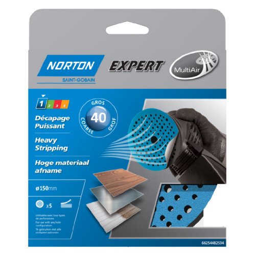 Norton 66254482534 Expert - Discos abrasivos autoadhesivos para lijadora (5 unidades, 150 mm de diámetro, grano 40)