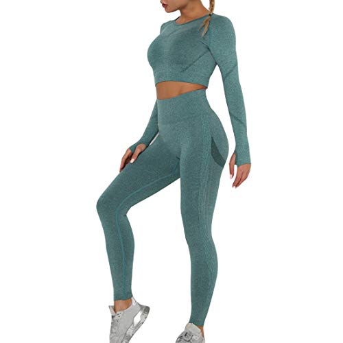 OEAK Conjunto de ropa deportiva para mujer, chándal, pantalones y top de deporte, 2 piezas, para yoga, tiempo libre, ropa deportiva Verde C S