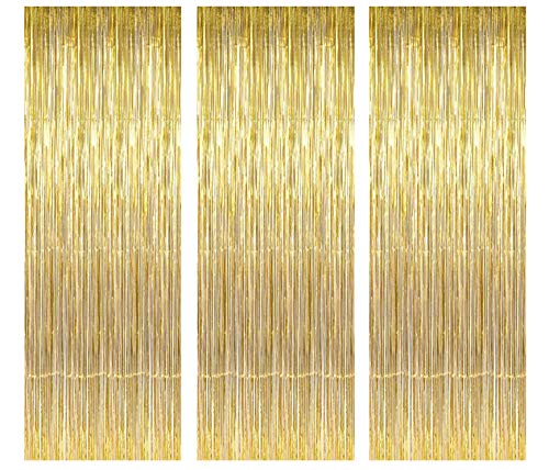 Paquete de 3 láminas malla metálica cortinas hoja del brillo puerta cortina Decoración ventana para el banquete de boda de cumpleaños suministros 92 * 245cm - Oro