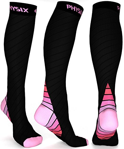 Physix Gear Sport Calcetines de compresión, los Mejores Calcetines compresión Mujer y Hombre para el Dolor de pies y Gemelos, Medias de compresión Hombre y Mujer, 1 par, L/XL, Negro/Rosa