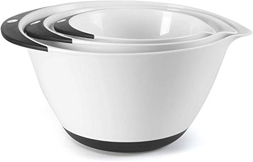 PICKWILL Juego de 3 cuencos de cocina multifuncionales como cuenco para mezclar, ensaladera, cuenco para servir con base antideslizante, tamaño 1,5 L, 3 L, 5 L, color blanco