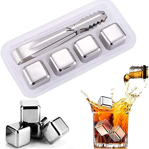 Piedras de whisky Cubitos de hielo de metal 4PCS+Clip de hielo Accesorios con pinzas para hielo Bandeja de almacenamiento pe regaloara congeladorEnfriador de vino para beber,reutilizables Excelent