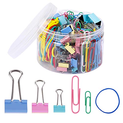 Pinzas papel, Clips de Carpeta, Bandas de Goma, Abrazaderas de Papel Surtidas en 3 Tamaños, Binder Clips de Papel Plegables de Metal con Caja de Colores Surtidos, 240 piezas en Total