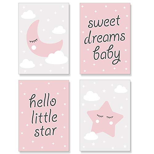 PREMYO Cuadros Infantiles para Habitación Niña - Láminas Decorativas para Enmarcar - 4 Póster Luna Estrella Rosa A4