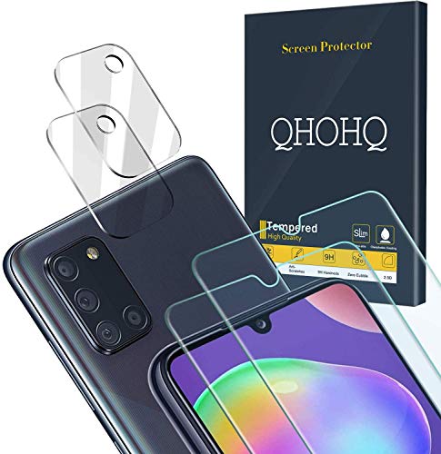 QHOHQ 2 Piezas Protector de Pantalla para Samsung Galaxy A31 con 2 Piezas Protector de Lente de Cámara, Cristal Templado Membrana, [9H Dureza] - HD - [Anti-Arañazos]