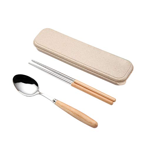 Qinghengyong Manija de Madera de Acero Inoxidable Cuchara Tenedor Palillos Conjunto restaurantes vajilla Kit portátil de Viaje de Picnic Vajilla