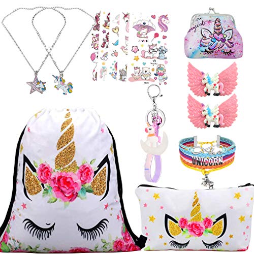 RLGPBON Unicornios Mochila con cordón/Maquillaje Bolsa/Collar de Cadena de aleación/Pulsera/5 Piezas de Lazos para el Cabello Unicornio/Unicornio Drawstring Gift para niñas