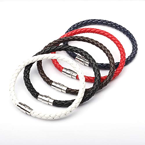 SevenShop Trenzada de Cuerda de Cera Cadena de Cuerda de Cuero de Acero Inoxidable 2 mm de Ancho 20cm Cadena de Cuerda Impermeable para Hombres Mujeres (Rojo + Negro + Blanco + Azul Marino + café)