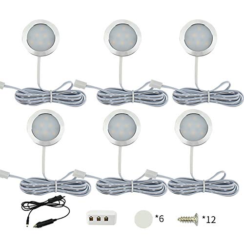 ShangSky 6pcs Interior Led Spot Light Debajo De La Luz Del Gabinete 12v 3w Con Adaptador De Coche Interruptor Conjunto Para Armario Vitrina EstanteríA Armario Cocina Camper Caravana