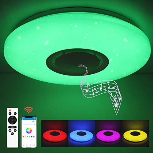 SHILOOK Lámpara LED Techo Regulable con Altavoz Bluetooth, Mando y Aplicación, 24W Plafón Led Techo RGB Cambio de Color para Domitorios Juveniles, Cocina, Salón, 3000-6500K Moderno Redondo 40cm