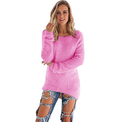 SHOBDW Mujer Suéter para Mujer Cuello Redondo Cárdigan Ocasional Sólido Suelto Otoño Invierno Tops de Manga Larga Cálido Prendas de Punto Jersey Jerséis Blusa Abrigo Vestido(Rosa Caliente,L)