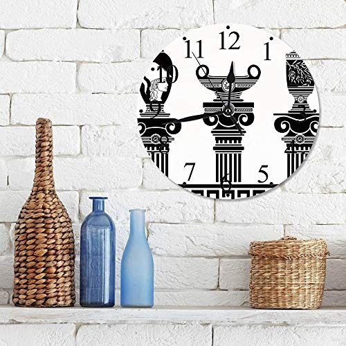 Silencioso Wall Clock Decoración de hogar de Reloj de Redondo,Toga Party, Conjunto de Jarrones Helénicos y Columnas Iónicas Diseño Artístico Ánfora Antig,para Hogar, Sala de Estar, el Aula