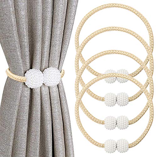 SNUNGPHIR Cordones de Sujeción Magnéticos para Cortinas, Imán Hebillas Cuerda para Cortinas, Abrazaderas Cortinas Tiebacks con Perlas para Cortinas de Ventana Pequeñas, Finas o Transparentes,Set de 4