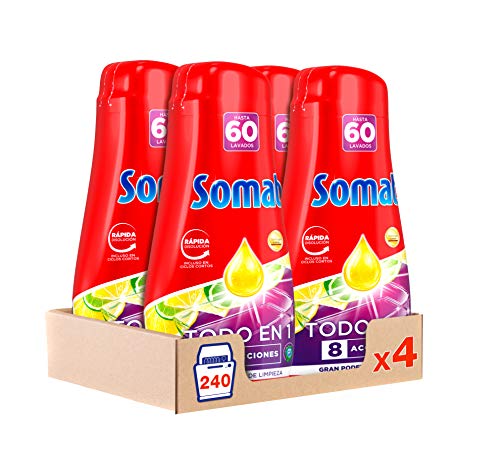 Somat Todo en 1 Gel Lavavajillas Lima y Limón – Pack de 4, Total: 240 Lavados (4,32L)