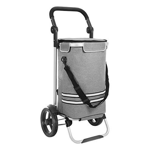 SONGMICS Carro de Compra Plegable, Sólido, con Bolsa de Refrigeración Aislante, Carro de Equipaje con Ruedas, Mochila Desmontable, Gran Capacidad de 35L, Gris KST02GY