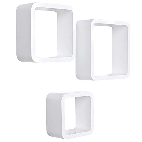 SONGMICS Estantes de Pared, Juego de 3 Estantes Flotantes de Cubo, Estantes Decorativos de Almacenamiento, para Dormitorio, Salón, Cocina, Máx. Carga 15 kg, Blanco LWS104