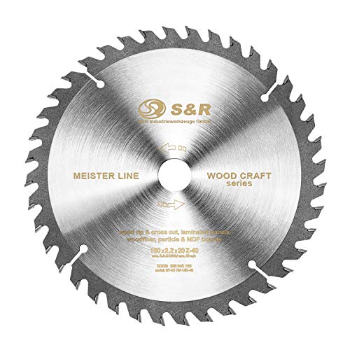 S&R Hoja Sierra Circular de 160 mm x 20 mm (+ 16 mm anillo) x2,2mm 40D / Disco de Corte Madera. Calidad profesional