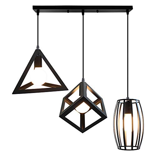 STOEX Creativa Lámpara de Techo Colgante Retro Industrial Un Conjunto de 3 Colgantes Geométricos Metal Luz de Araña Vintage para Sala de estar Cocina Comedor Pasillo, Negro