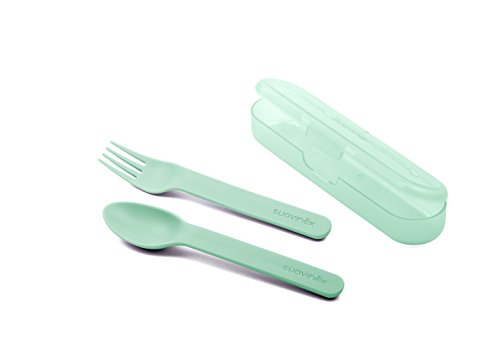 Suavinex - Set Cuchara + Tenedor + Estuche Booo, Cubiertos Infantiles para Encías Sensibles, para Bebés +12 Meses, Color Verde