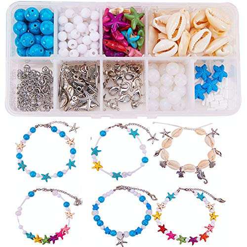 SUNNYCLUE 1 Box DIY 6Set Spiral Shell Beads Beach Charm Tokle Bracelet Making Starter Kit Summer Sandal Tobilleras Ajustable Foot Chain Jewelry Making Supplies Craft Set, Instrucción