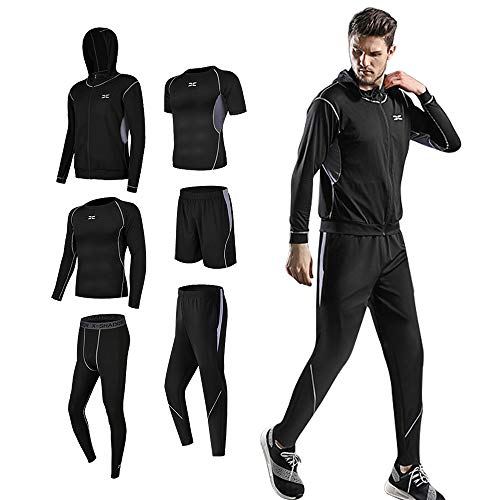 Superora 6 Piezas Juego de Ropa Deportiva Hombre con Capucha de Manga Larga Camisetas de Manga Corta Pantalones Cortos Sueltos y Pantalones Entrenamiento Gimnasio Correr