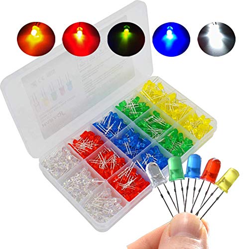 Surtido de diodos emisores de luz LED de 500 piezas de 5 mm Conjunto de diodos difusos de bajo voltaje para circuitos de PCB de bricolaje, luces indicadoras, 5 colores (100 piezas por color)