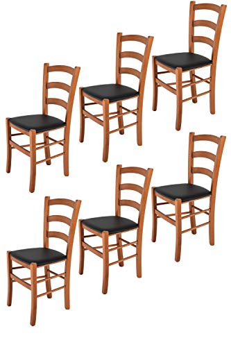 t m c s Tommychairs - Set 6 sillas Venice para Cocina y Comedor, Estructura en Madera de Haya Color Cerezo y Asiento tapizado en Polipiel Color Negro